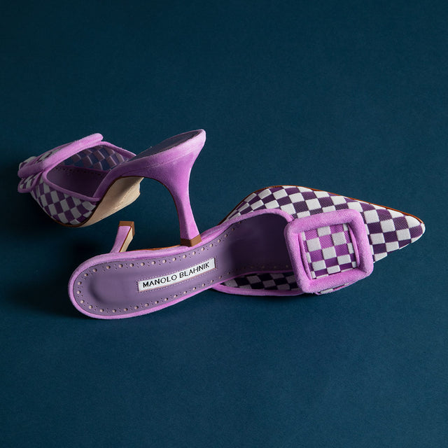 Manolor Blanhik purple checkerboard heeled mules 