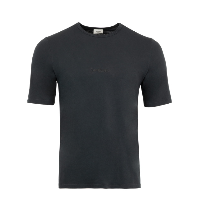 Image 1 of 3 - BLACK - Saint Laurent Men's Embroidered Logo T-Shirt has a crew neck, tonal embroidered logo, and short sleeves. 100% cotton. Made in Italy.