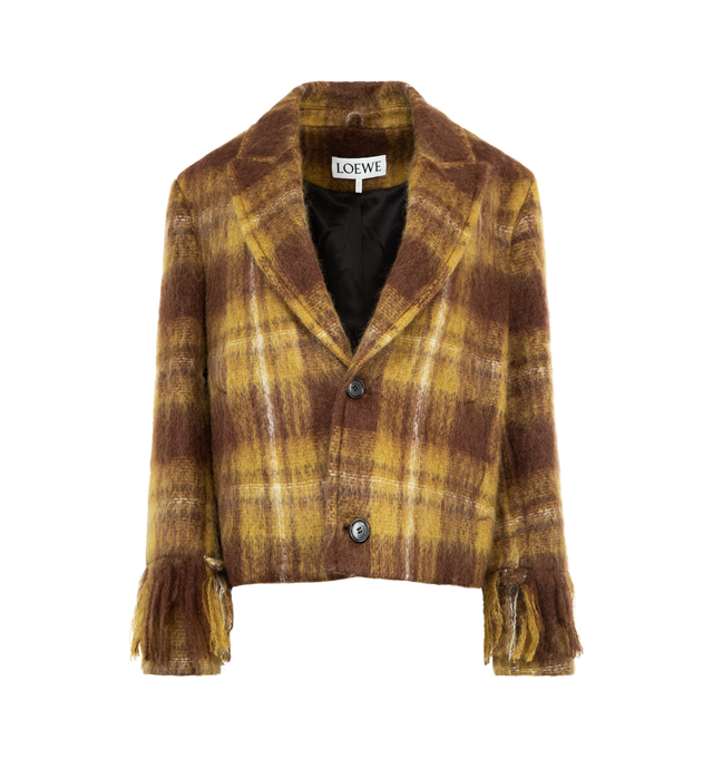 Image 2 of 4 - YELLOW - LOEWE Scarf Jacket in medium-weight mohair and wool blend featuring an allover check pattern, a detachable scarf at the collar, double layer sleeves with a fringed turn-up, regular fit, cropped length, peak lapel, button front fastening, seam pockets, inside welt pocket, back vent and fully lined. Mohair/Wool/Polyamide. Made in Italy.