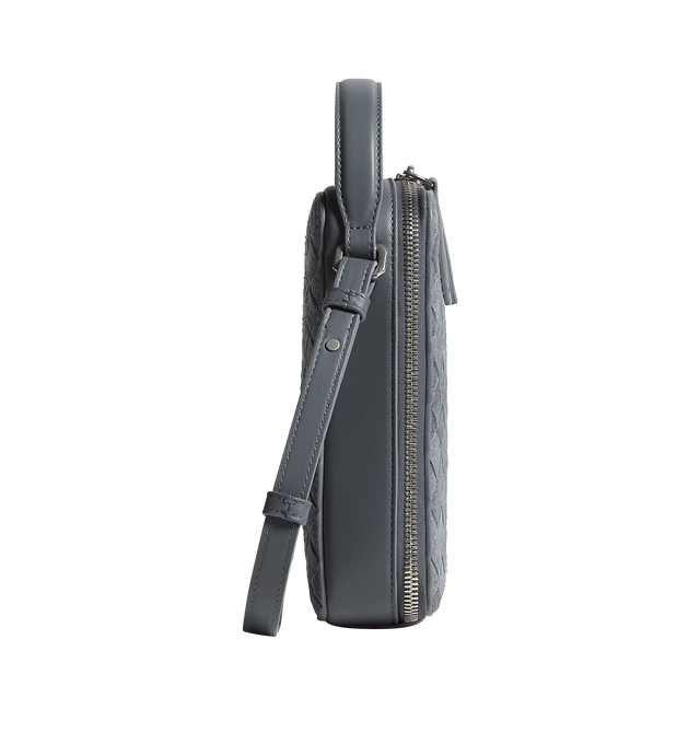Image 2 of 4 - GREY - BOTTEGA VENETA Getaway Phone Pouch featuring intrecciato denim suede leather phone pouch, handle and adjustable cross-body strap, one main compartment, one flat inside pocket and zipper closure. Lambskin. Made in Italy.
