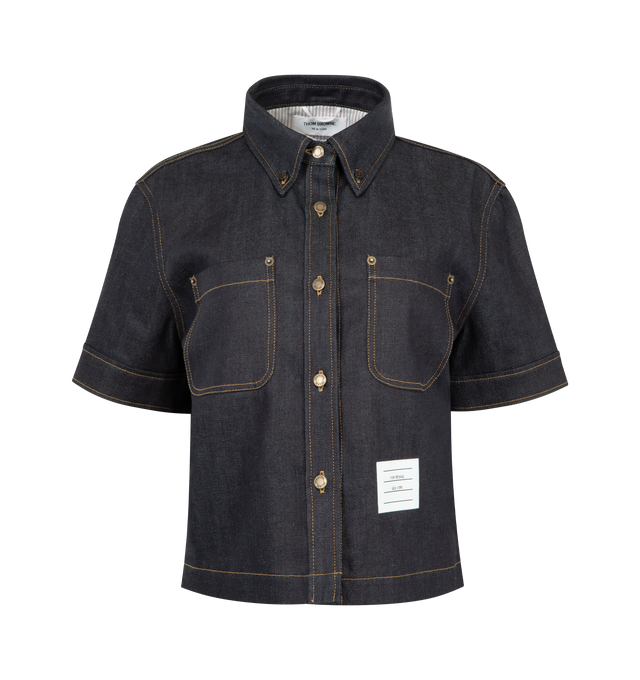 Image 1 of 3 - NAVY - THOM BROWNE Japanese Selvedge Denim Button Down Shirt featuring a structured short-sleeve shirt with front button placket, chest patch pockets, contrast stitching, crafted in Japanese selvedge denim, button-down point collar and elbow-length sleeves. 100% cotton. Made in Italy.