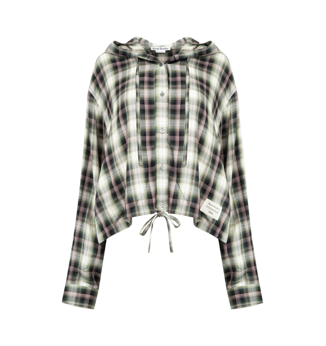 Image 1 of 2 - BLACK - ACNE STUDIOS Hooded Overshirt featuring a flannel check pattern, branded logo tab at the front, centre front button-up closure, shirt cuffs, drawcords at the hood and hem, side seam pockets, relaxed fit and hip length. 100% viscose.