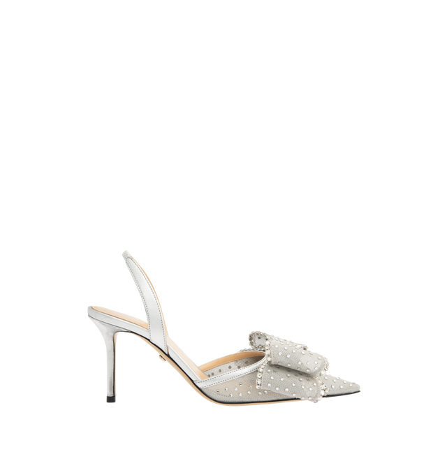 Image 1 of 4 - SILVER - MACH & MACH Le Cadeau Crystal Mesh Slingback featuring an elasticated slingback strap, a high stiletto heel, crystal embellishments and bow detailing. The heel height measures 85mm. Made in Italy.