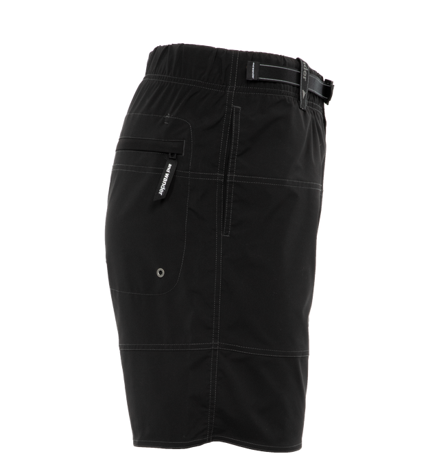 Image 3 of 4 - BLACK - AND WANDER Wave Shorts featuring classic, plain polyester water-repellent fabric with stretch, pockets with drainage holes and adjustable belt. 100% polyester. Made in China. 