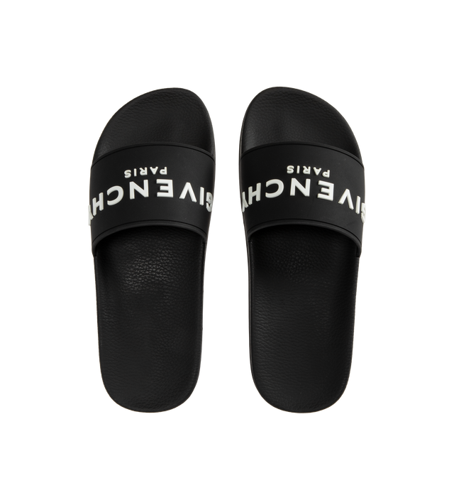 Image 4 of 4 - BLACK - GIVENCHY Logo Pool Slide Sandals featuring flat heel, open toe, one-band upper, molded footbed, easy slide style and 1" rubber sole. Made in Italy.