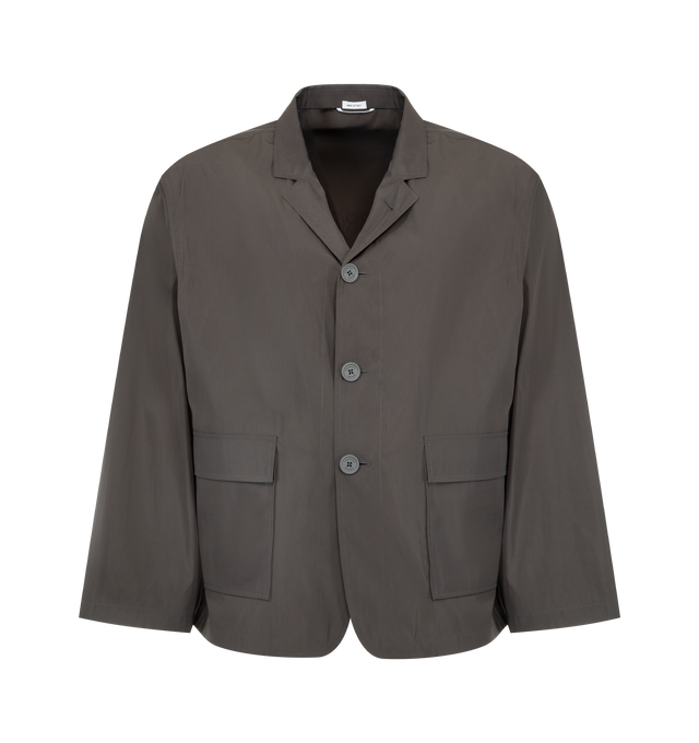 Image 1 of 3 - GREY - THOM BROWNE Light Memory Tech Sportcoat featuring front button closure, patch hand pockets with flap, unlined, logo print, signature striped grosgrain loop tab and packable. 76% polyester recycled, 24% polyester. Made in Italy.