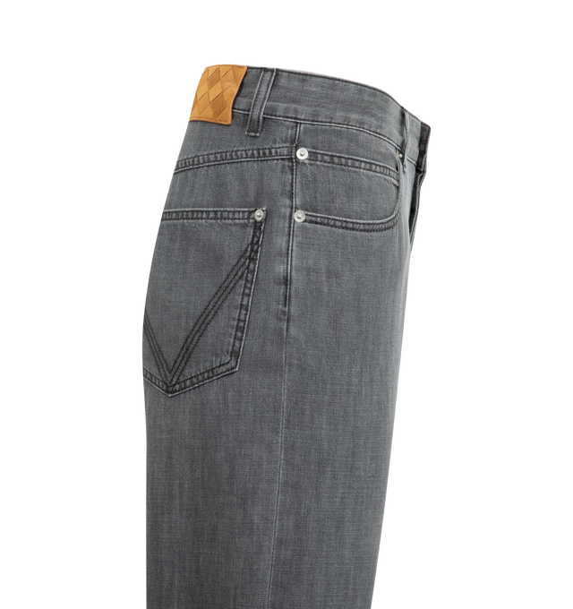 Image 3 of 3 - BLACK - BOTTEGA VENETA Washed Turned Up Jeans featuring wide leg, turned up hem, intrecciato suede back patch and button closure. 100% cotton. Made in Italy.