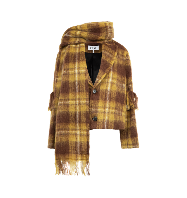 Image 1 of 4 - YELLOW - LOEWE Scarf Jacket in medium-weight mohair and wool blend featuring an allover check pattern, a detachable scarf at the collar, double layer sleeves with a fringed turn-up, regular fit, cropped length, peak lapel, button front fastening, seam pockets, inside welt pocket, back vent and fully lined. Mohair/Wool/Polyamide. Made in Italy.