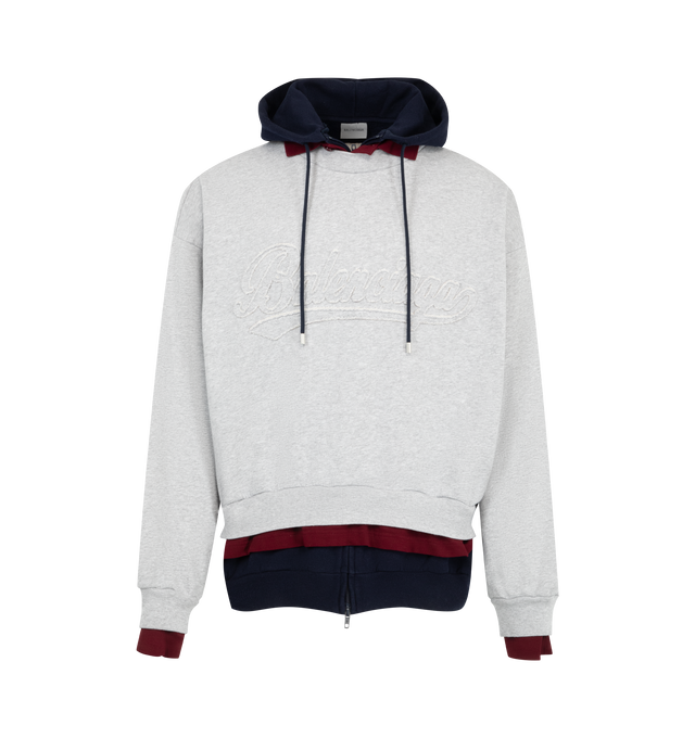 Image 1 of 2 - GREY - Balenciaga Men's Logo-Embroidered Cotton Hoodie is crafted from soft cotton jersey and features an embroidered logo, an adjustable drawstring hood, layered trim detailing, and ribbed cuffs and hem. This designer cotton hoodie combines a classic silhouette with signature Balenciaga styling for elevated everyday wear. Main Material: 100% Cotton. Made in Portugal.