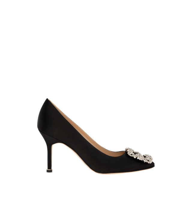 Image 1 of 4 - BLACK - MANOLO BLAHNIK Hangisi Lanza Clava Pump featuring a signature crystal buckle, almond toe and a 90mm stiletto heel. Made in Italy.