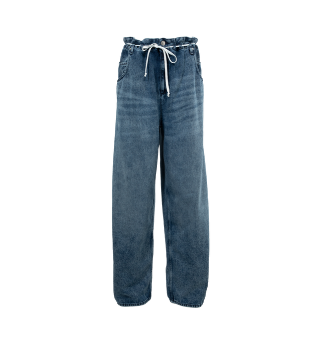 Image 1 of 3 - BLUE - ISABEL MARANT Jordy Pant featuring a high-waist paper bag jean with a baggy wide-leg fit and a medium wash with fading throughout. 100% cotton. 