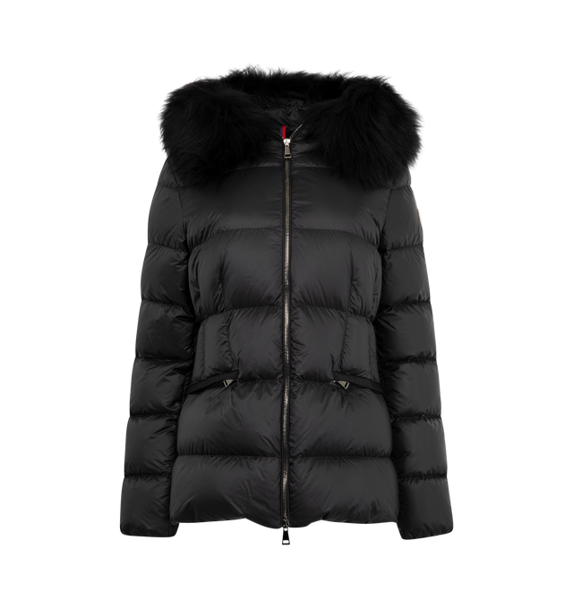 Image 1 of 3 - BLACK - MONCLER Boed Jacket featuring longue saison lining, down-filled, hood with a detachable long-haired sheepskin trim, zipper closure, zipped pockets and elastic belt with snap button closure. 100% polyamide/nylon. Padding: 90% down, 10% feather.