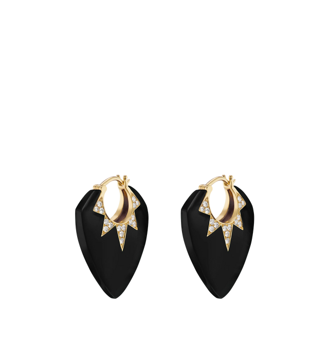 Image 1 of 1 - BLACK - SORELLINA Classic Guitar Pick Earrings featuring handcrafted 18K yellow gold earrings in a guitar pick shape with carved onyx and 0.48 cttw G-H/SI diamonds. 25 mm x 20 mm.