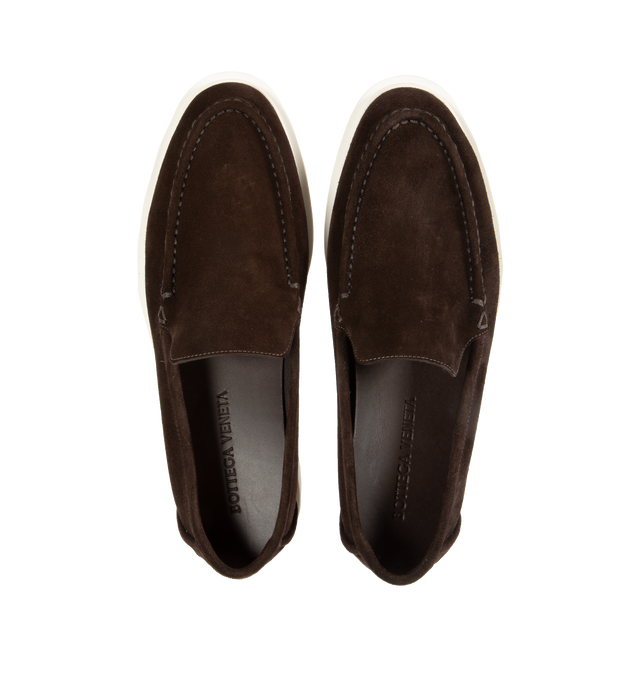 Image 4 of 4 - BLACK - BOTTEGA VENETA Astaire Intrecciato Suede Loafers featuring suede with the label's signature Intrecciato weave detail on the backstay, round toe, slips on, suede upper and rubber sole. Made in Italy. 