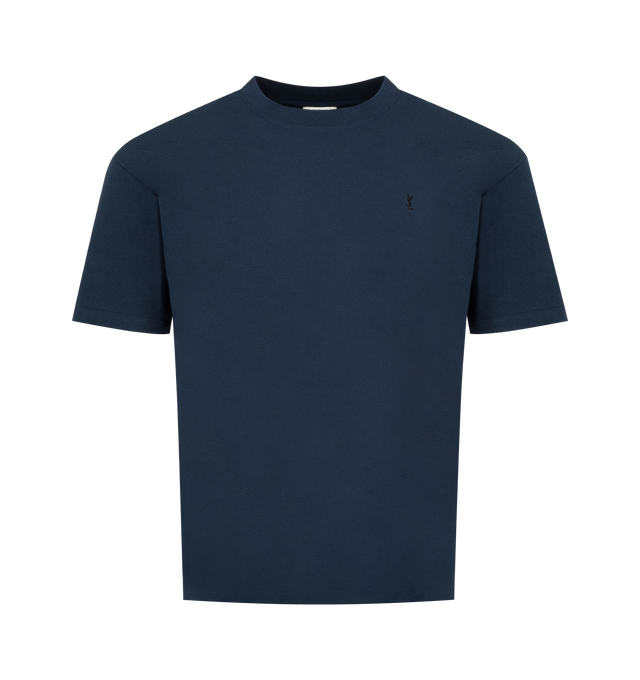 Image 1 of 2 - BLUE - SAINT LAURENT Oversized Crewneck T-shirt featuring recycled cotton and recycled polyester, a tonal CASSANDRE embroidery at the chest and short sleeves. 50% cotton, 50% polyester. Made in Italy.