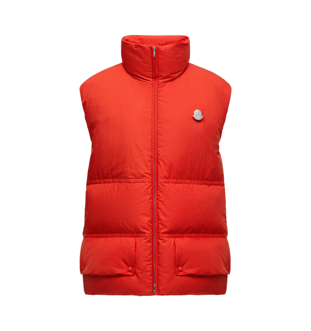 Image 1 of 1 - RED - MONCLER GENIUS X JIL SANDER Chlorine Down Vest featuring cotton lining, down-filled, stand collar, zipper closure, pockets with zipper and snap button closure, adjustable hem with leather stopper and detachable metal logo pin. 100% cotton. Padding: 90% down, 10% feather.