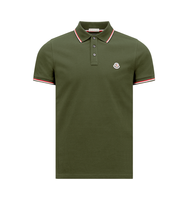 Image 1 of 1 - GREEN - Moncler Mens Tricolor Cotton Polo Shirt is crafted from cotton piqu. Features a slim fit, ribbed collar, short sleeves, mother-of-pearl button closure, and signature tricolor trim. Main Material: 100% Cotton; Ribbed Trim: 99% Cotton, 1% Elastane/Spandex. Made in Turkey.