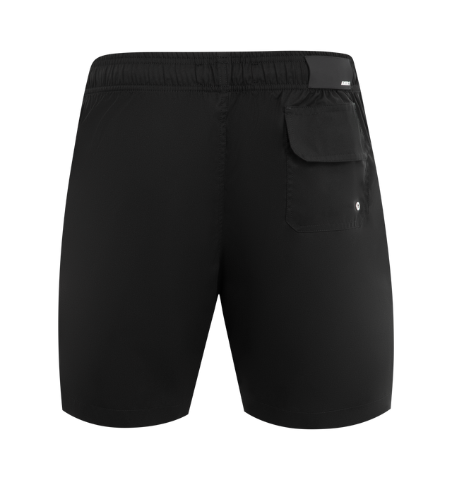 Image 2 of 4 - BLACK - AMIRI Club Amiri Swim Trunk featuring logo on leg, elastic waistband with drawstring, side seam pockets and back pocket with flap. 100% polyester.