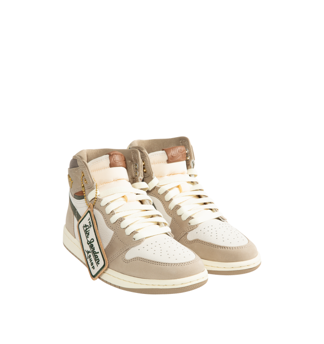 Image 2 of 5 - NEUTRAL - Women's Air Jordan 1 Retro High OG Sneakers feature a premium leather upper with suede overlays, a high-top silhouette, and signature Air Jordan Wings branding for a timeless heritage look. These lifestyle sneakers combine encapsulated Air-Sole cushioning, a perforated toe box, and a durable rubber outsole for lightweight comfort, breathable support, and reliable traction on and off the court. Main Material: Genuine Leather and Suede. Midsole: Encapsulated Air-Sole Unit. Sole: Rubbe