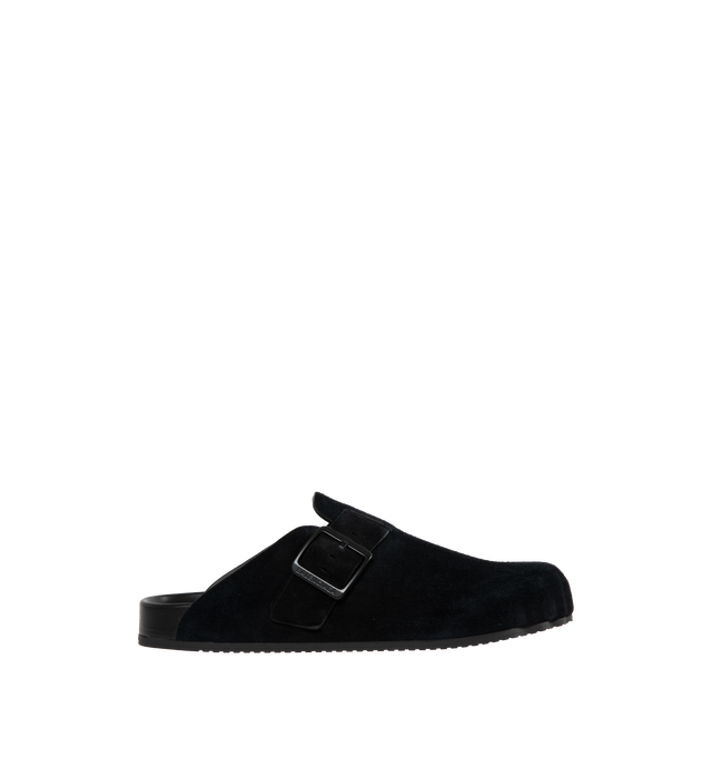 Image 1 of 4 - BLACK - BALENCIAGA Sunday Mule featuring suede calfskin, mule, five finger shape at toe, one leather strap with one adjustable belt buckle, Balenciaga logo engraved on buckle, printed Balenciaga logo on sole part and tone-on-tone sole and insole. 100% calfskin. Made in Italy. 