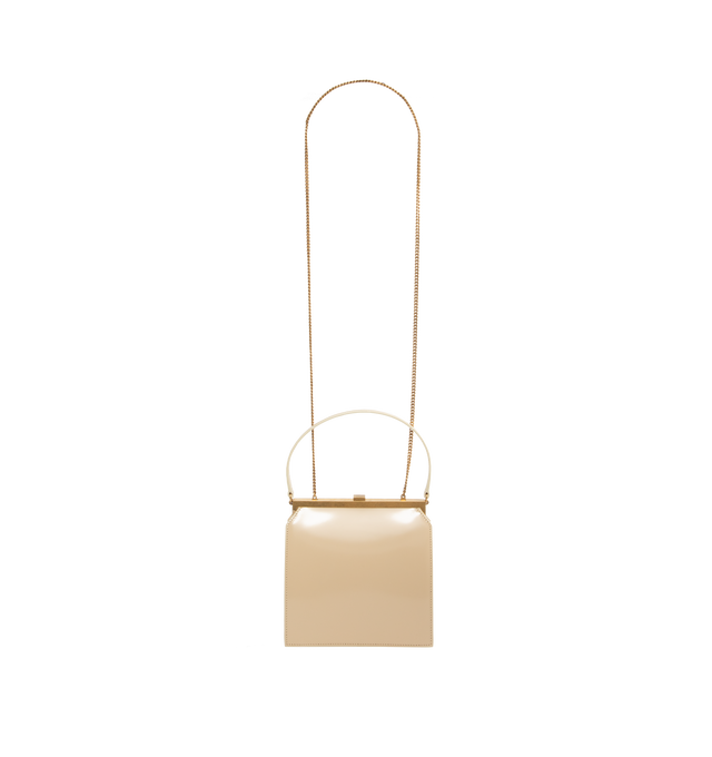 Image 2 of 3 - CHAMPAGNE - SAINT LAURENT Nuit Blanche Handbag featuring a square clasp engraved with the SAINT LAURENT PARIS signature, leather lining, bronze-toned hardware and sliding clasp closure. 6.7" x 6.7" x 1.6". Calfskin. Made in Italy.