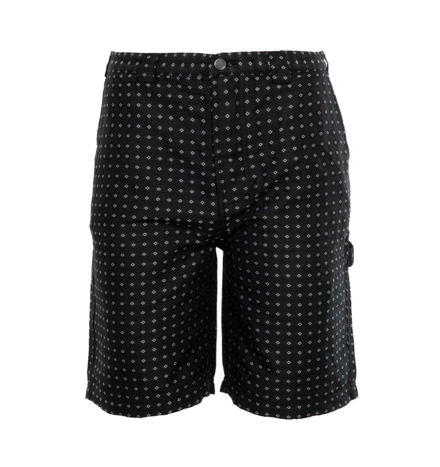 Image 1 of 3 - BLACK - LITE YEAR Carpenter Shorts featuring antique nickel hardware, button fly, side pockets, back pockets and Japanese jacquard fabric. 100% polyester. 