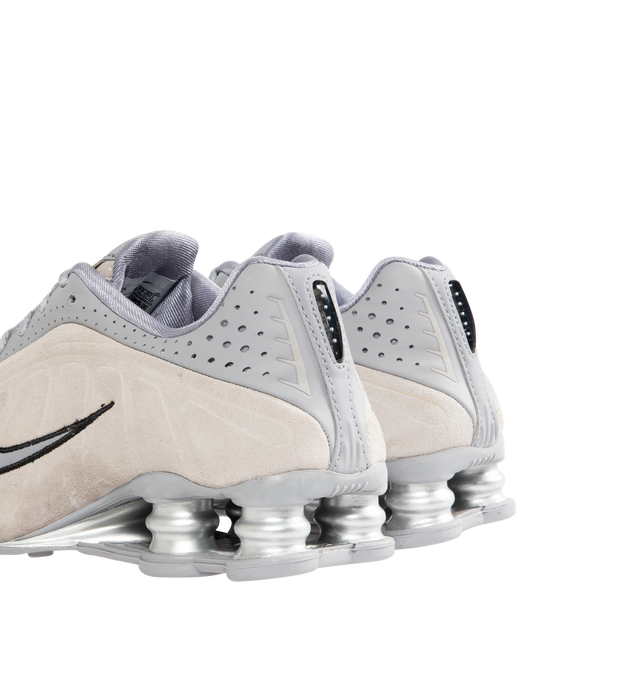 Image 3 of 5 - GREY - NIKE Shox R4 Sneaker featuring suede and leather upper, laser perforations, lace up closure, Nike Shox columns and circular Waffle outsole