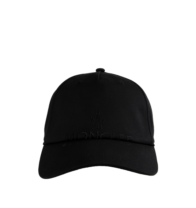 Image 1 of 2 - BLACK - MONCLER Baseball Cap featuring embroidered eyelet vents at crown, logo embroidered at face, adjustable press-release strap at back face and plain-woven cotton lining. 100% cotton. Made in China. 