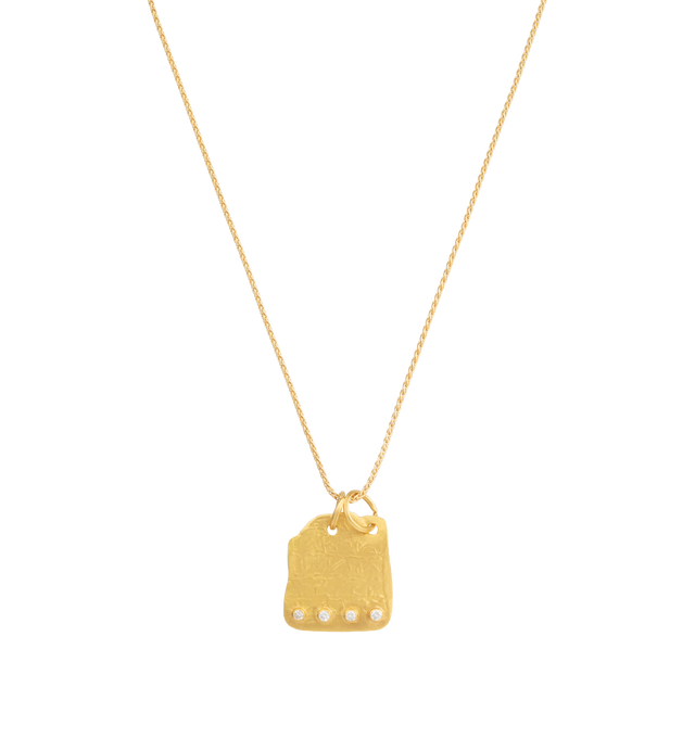 Image 1 of 1 - GOLD - Eli Halili Engraved Plate Diamond Necklace is handcrafted with an engraved 22K yellow gold plate accented by four brilliant diamonds and suspended from an elegant 18K yellow gold Spiga chain. Main Materials: 22K Yellow Gold and 18K Yellow Gold. Gemstones: Four Diamonds, Approximately 0.19 Total Carat Weight. Chain Length: 26 in. Hirshleifers offers a range of pieces from this collection in-store. For personal consultation and detailed information about jewelry, please contact our dedic