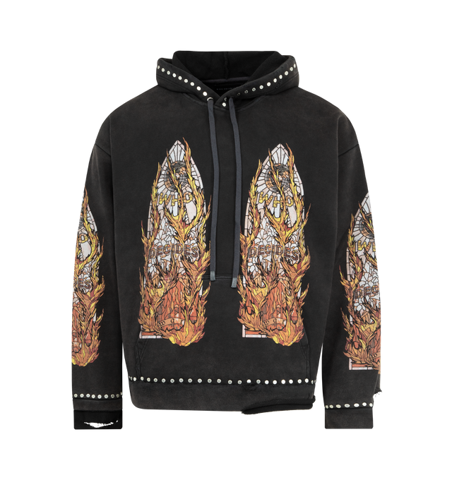 Image 1 of 2 - BLACK - WHO DECIDES WAR Hardware Hooded Pullover featuring pull-on styling, kangaroo pocket, drawstring hoodie, graphic details, rivet trim, terrycloth lining and intentional distressing. 100% cotton. Made in Turkey.