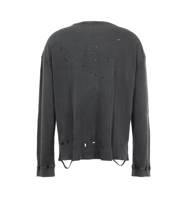 Image 2 of 3 - GREY - Satisfy Men's MothTech Waffle Long Tee is crafted from waffle-knit organic cotton and features signature MothTech material that features ventilation with laser-cut, hand-opened perforations for targeted airflow. The textured waffle-knit construction helps retain and release warmth as the body moves, while a raw ripped hem creates a worn-in vintage character. Finished with a centered SATISFY logo, stealth-reflective logo detailing, and a detachable external care label for distraction-fr