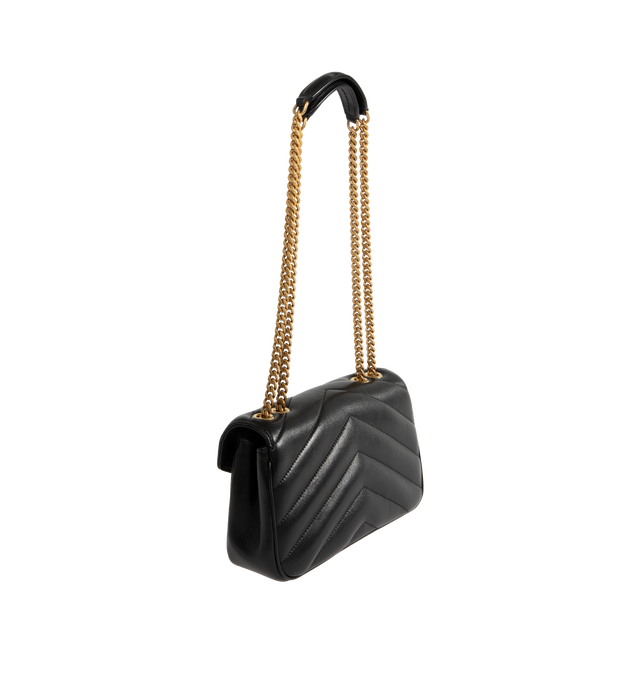Image 2 of 4 - BLACK - SAINT LAURENT Loulou Small Bag featuring chain bag in soft lambskin with chevron-quilted topstitching, a removable leather pouch and pocket mirror, a sliding chain strap, grosgrain lining, bronze-toned hardware, magnetic snap closure and one flat pocket. 9.4" x 5.5" x 2.4". 90% lambskin, 10% brass. Made in Italy.