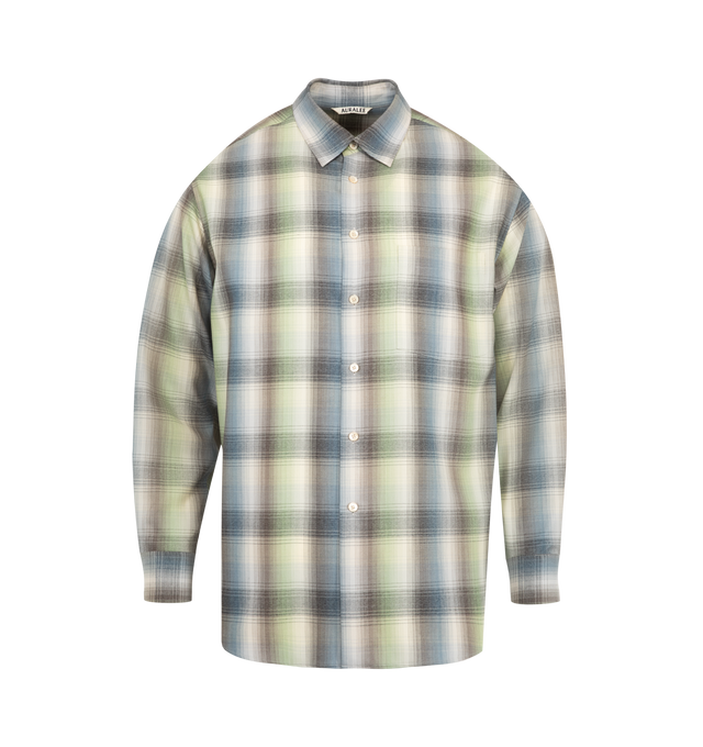 Image 1 of 2 - MULTI - AURALEE Super Light Wool Check Shirt featuring button closure on front, classic collar, patch pocket on chest, buttoned cuffs, curved hem and all-over check pattern. 100% wool.