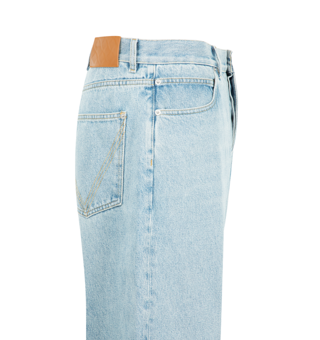 Image 3 of 3 - BLUE - Bottega Veneta Mens Wide-Leg Jeans are crafted from sky-bleached denim. Feature a wide-leg silhouette, button closure, and embossed Intrecciato leather back patch. Main Material: Denim. Made in Italy.