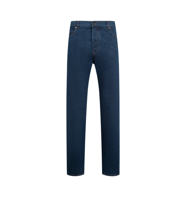 Image 1 of 3 - BLUE - THE ROW Rossen Jean featuring low-rise jean in cotton denim with straight leg, tonal topstitching and classic 5-pocket construction. 100% cotton. Made in Italy.