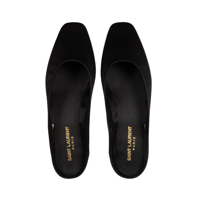 Image 4 of 4 - BLACK - Saint Laurent Square-toe slip-ons in 100% silk black satin crepe with leather sole. Heel height 0.2 inches. Made in Italy. 