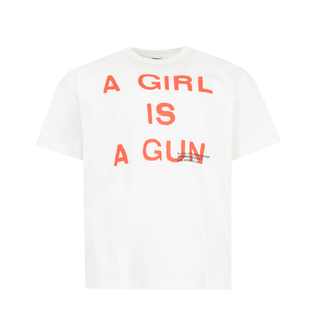 Image 1 of 2 - WHITE - PLEASURES Girl is a Gun T-Shirt featuring short sleeves, crew neck, regular fit and screen print graphic. 100% cotton.