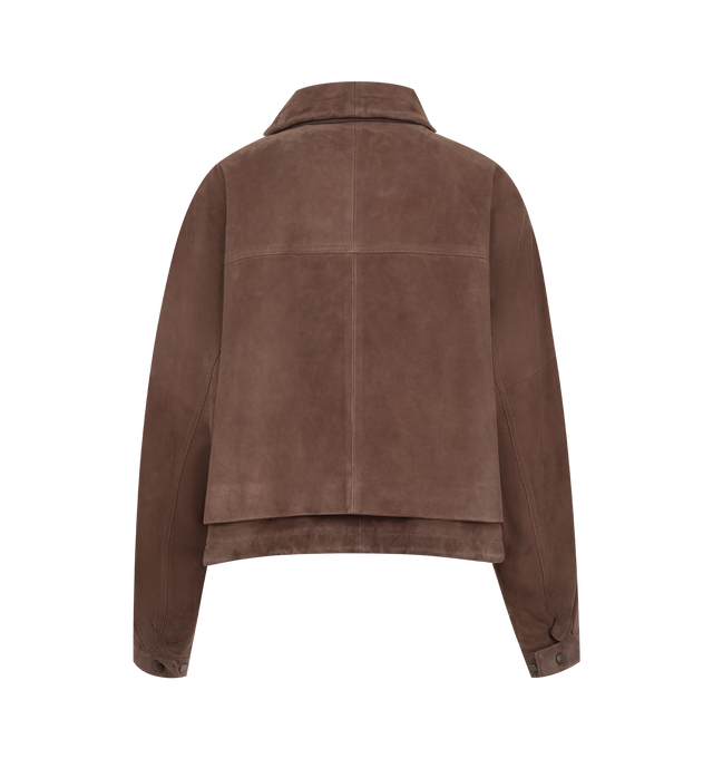 Image 2 of 2 - BROWN - Loewe Womens Suede Goatskin Jacket is crafted from lightweight suede goatskin. Features a relaxed fit, short length, high neck, zip-front fastening, double-layer adjustable hem, contrast leather details, snap-button cuffs, flap pockets, full lining, and embossed Double L at the chest. Main Material: Suede Leather. Made in Italy.