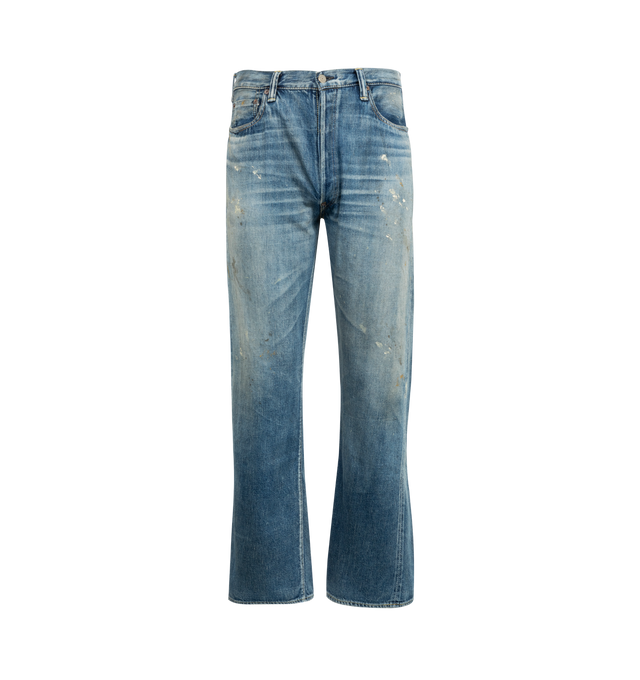 Image 1 of 3 - BLUE - FULLCOUNT 1937 Model Dartford Splatter featuring 11.5oz original selvedge denim, 5 pockets, button closure and distressed throughout. 100% cotton.