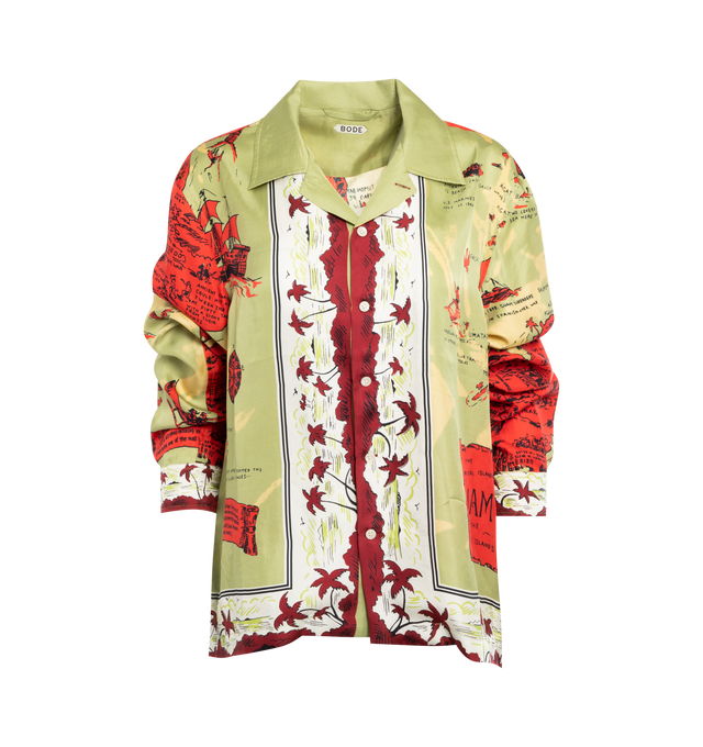 Image 1 of 2 - GREEN - BODE Guam Long Sleeve Shirt featuring print throughout, boxy fit and five front buttons. 100% silk. 