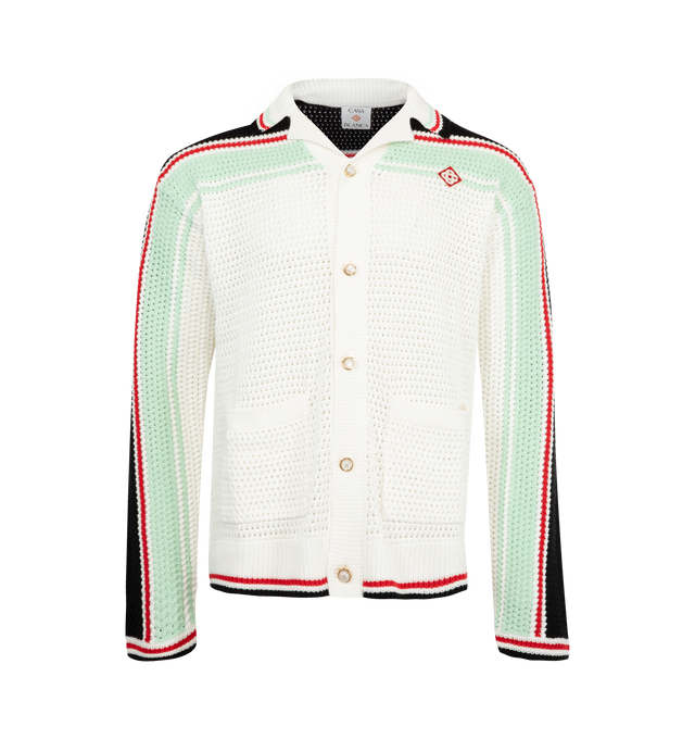 Image 1 of 2 - WHITE - CASABLANCA Faux Crochet Shirt featuring ribbed open collar, placket, hem and cuffs, front button, embroidered chest logo patch, ribbed trim on patch pockets, back logo embroidery and gold-tone buttons with faux pearls. 100% cotton.