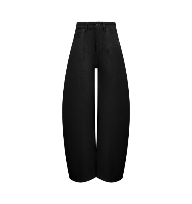 Image 1 of 3 - BLACK - JACQUEMUS Ovalo de-Nmes Denim Pants featuring high-waisted curved jeans, belt loops, zip fly with engraved metal button, five pockets including ticket pocket, embroidered J on the hip, darts on the hip, long curved leg, embroidered patch on the back, back yoke, back patch pockets and darts on the back hem. 100% cotton. Lining: 65% polyester, 35% cotton. Made in Italy.