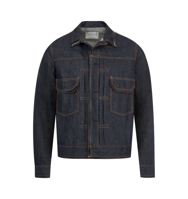 Image 1 of 3 - BLUE - SACAI Denim Jacket featuring spread collar, button closure, pleats at front, flap pockets, single-button barrel cuffs, twin pleats at back yoke and contrast stitching in tan. 100% cotton. Made in Japan.