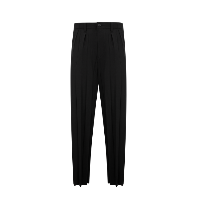 Image 1 of 3 - BLACK - ISSEY MIYAKE Edge Ensemble Pant featuring straight pants made from glossy material with wide accordion pleats, pockets on both sides, belt loops at the waist and button-fly design. 100% polyester. Made in the Philippines.