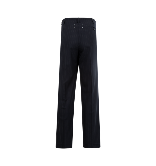 Image 2 of 3 - GREY - MAISON MARGIELA Pinstripe Wide Trousers featuring a drawstring waist with loops and buttons, two side welt pockets, one back welt pocket with button, front pleats, and Four Stitches logo on the back. 100% wool. Lining: 100% viscose. Made in Italy.