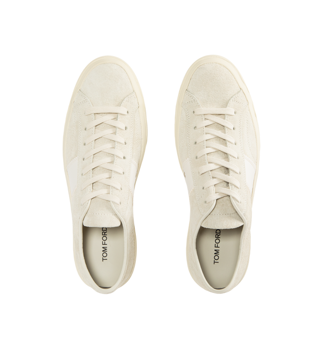 Image 5 of 5 - WHITE - TOM FORD Cambridge Suede Low-Top Sneakers featuring contrast smooth leather straps on the sides, flat heel, round toe, lace-up vamp, lozenge logo on the heel and rubber outsole. Lining: Leather. Made in Italy.