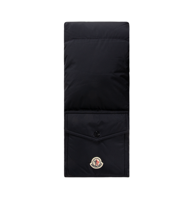 Image 1 of 2 - NAVY - MONCLER Down Packable Scarf featuring polyester, packable, down-filled, patch pocket with snap button closure and logo patch. 100% polyester. Padding: 90% down, 10% feather. Made in Moldova.
