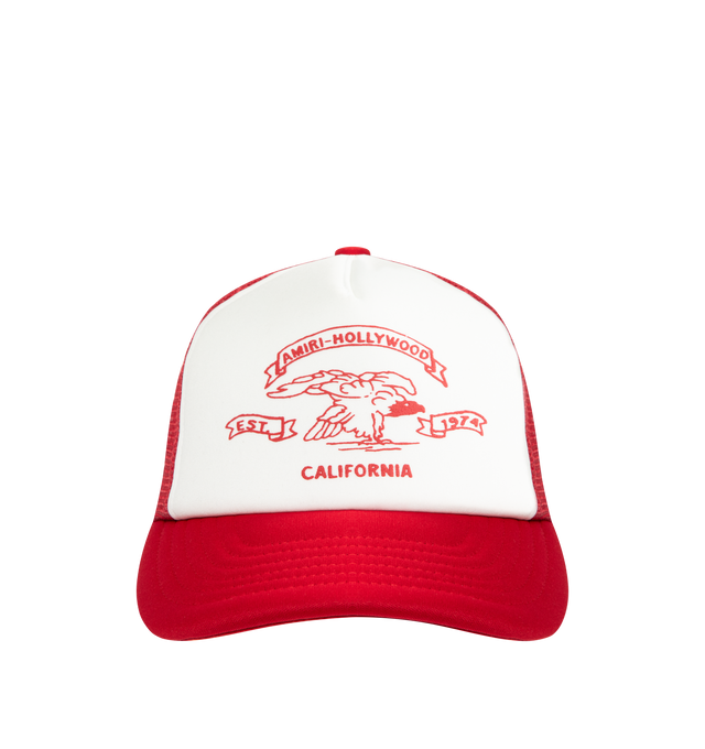 Image 1 of 3 - RED - AMIRI Eagle Trucker Hat featuring adjustable back straps, front graphic and mesh back panel. 100% polyester.