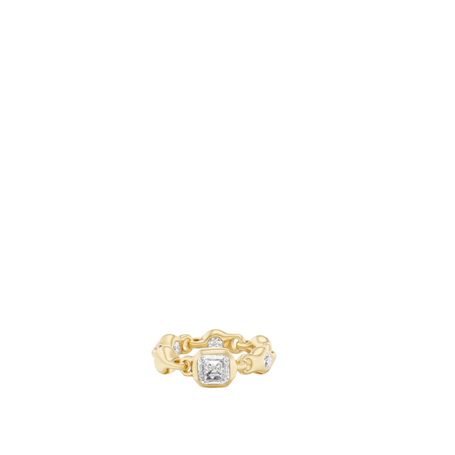 Image 1 of 2 - GOLD - Uniform Object Supernova Stacking Ring featuring 7.5 g of 18K yellow gold with a 1.50 ct 6 mm Asscher-cut diamond and 0.66 TCW round diamond accents. Size: 7. Handcrafted in New York City. Hirshleifers offers a range of pieces from this collection in-store. For personal consultation and detailed information about jewelry, please contact our dedicated stylist team at personalshopping@hirshleifers.com.