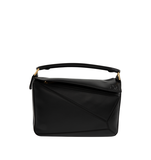Image 1 of 3 - BLACK - Loewe Small Featherlight Puzzle bag crafted in nappa lambskin. The Puzzle is defined by its distinctive geometric lines and its cuboid form. The supple featherlight nappa makes the bag soft and slouchy. Fetauring shoulder, crossbody or hand carry, detachable and adjustable strap with rotating dogclips. Zip closure with articulated pulls, One external zipped rear pocket, one internal slip pocket, Detachable LOEWE gold or silver embossed tag with secret pocket and balloon dice, Baguette